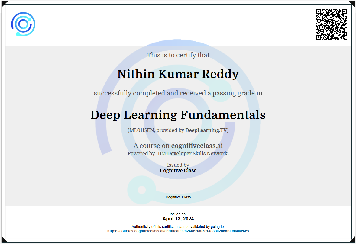 Deep Learning Fundamentals certificate, IBM
