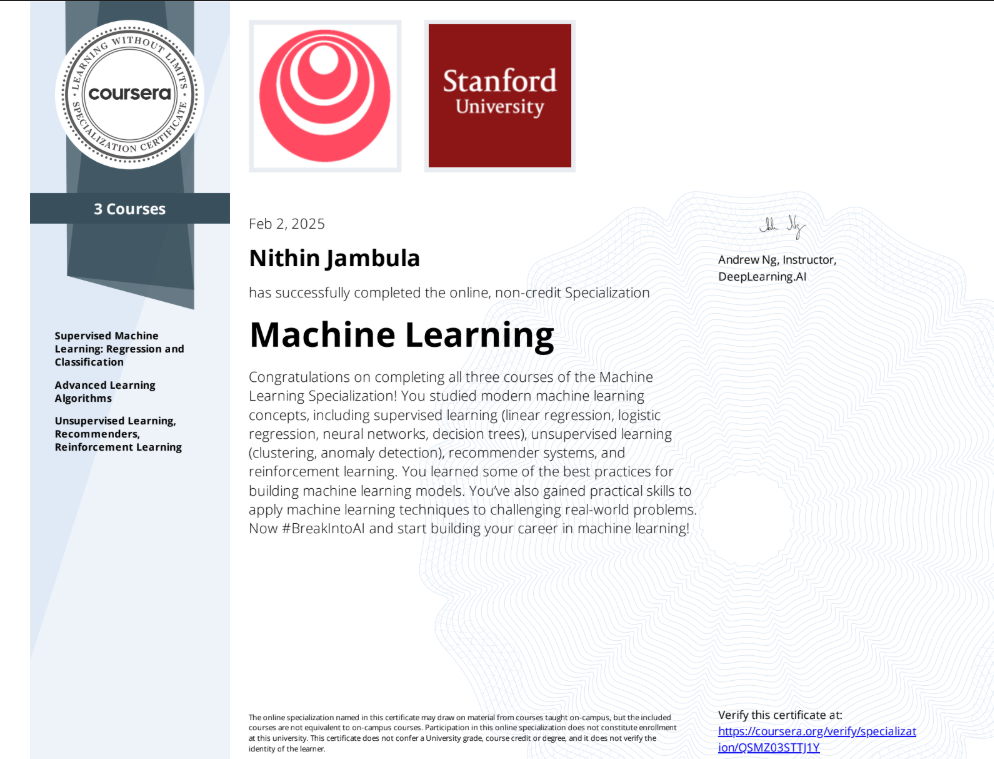 Machine Learning Specialization certificate, Stanford and DeepLearning.AI